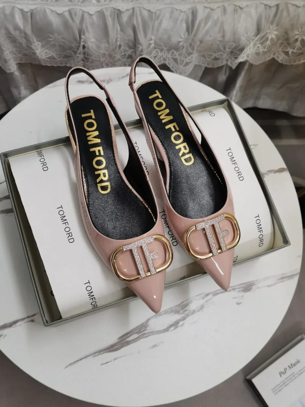 Tom Ford Nude Pink Rhinestone TF-Logo Pointed-Toe Flats